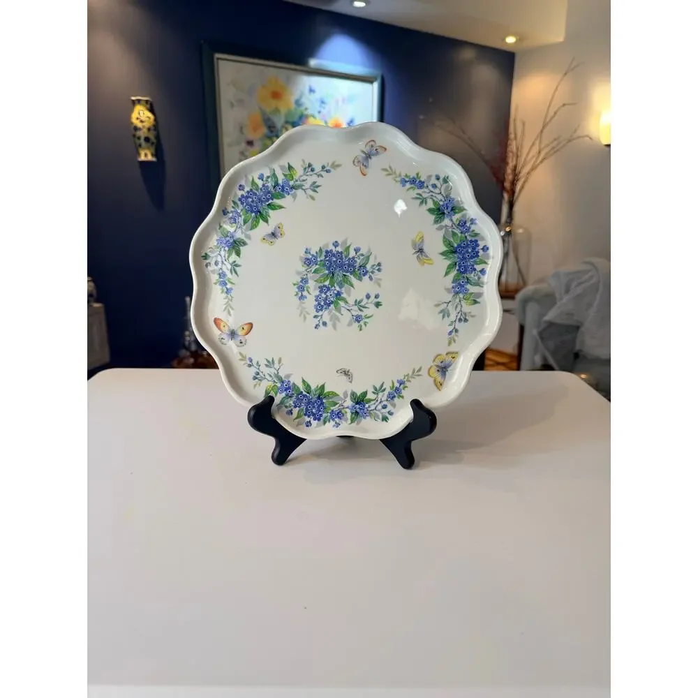 Limoges France Porcelain Scalloped Plate Blue Flowers Butterflies Floral Cabinet
